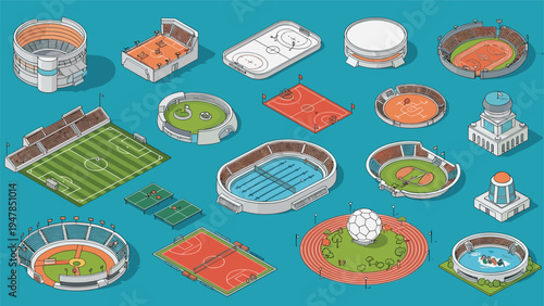 Extensive collection of isometric sports stadiums and arenas for various disciplines including soccer, baseball, tennis, and swimming pools.