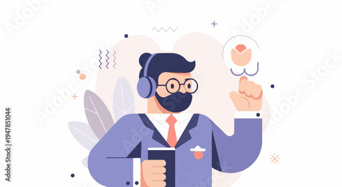 Stylized man in suit with headphones interacts with digital flower icon
