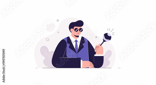 Stylized man in suit with sunglasses holds a glowing object