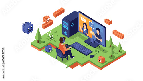 Creative isometric illustration of a young gamer sitting at a powerful computer in a stylized digital world with floating voxel monsters.