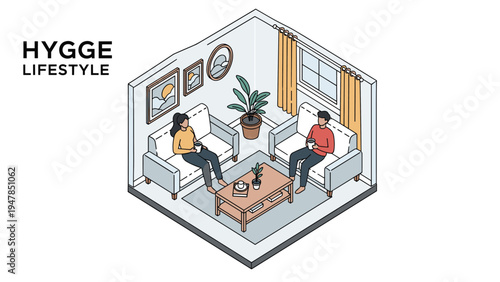 Cozy isometric hygge lifestyle scene showing a man and woman relaxing on sofas with warm drinks in a stylishly minimalist living room.