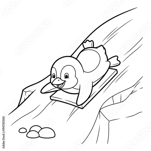 A cartoon penguin riding a sled down a snowy hill