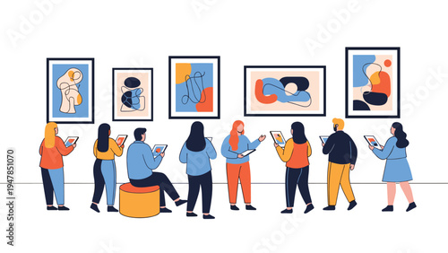 Diverse visitors exploring abstract art exhibition in modern gallery while using tablets to interact with digital information and guides.