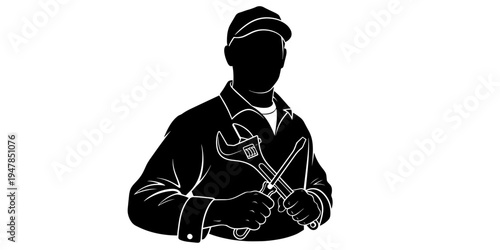 Professional Stylized Illustration Tradesperson Silhouette Holding Tools Service Worker Concept