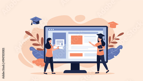 Empowering online graduation concept showing students in academic caps receiving digital diplomas in front of a giant computer screen.