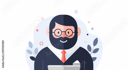 Stylized flat illustration of a smiling man with a beard and glasses, holding a tablet