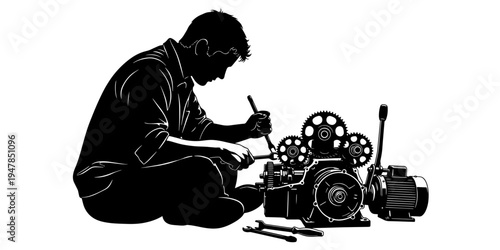 A concentrated graphic silhouette illustration showing a skilled mechanic focused on repairing and adjusting complex industrial machinery with gears and tools, representing precision engineering work.