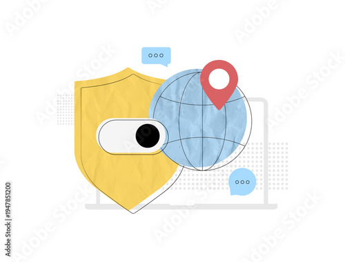 Global privacy protection shield, secure anonymous browsing concept. VPN encrypted data traffic, IP masking location safety, worldwide internet anonymity framework. Trendy paper collage illustration