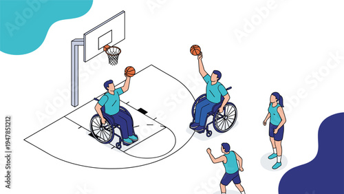 Inclusive isometric illustration of athletes playing wheelchair basketball on an outdoor court, promoting adaptive sports and diversity.