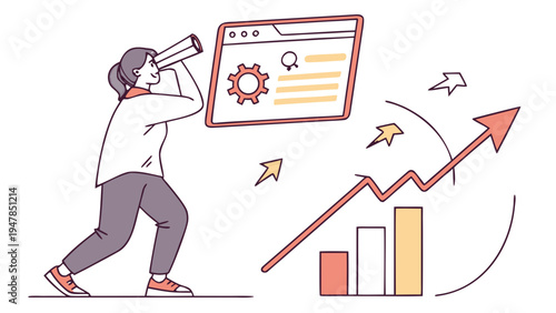 Business Growth Analysis with Telescope and Rising Graph Illustration,  A stylized line illustration of a woman in a business setting looking through a small telescope