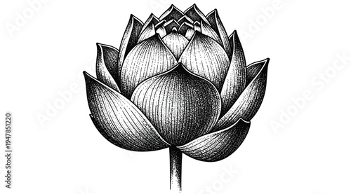 A detailed black and white illustration of a lotus flower in full bloom isolated on white background