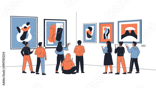 Diverse group of art enthusiasts observing and discussing large abstract paintings in a clean, minimalist modern art gallery space.