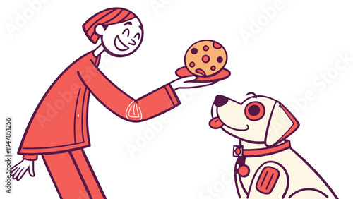 Woman in Red Jumpsuit Offering a Cookie to a White Dog, Illustration with a red and orange color scheme showing a smiling woman in a jumpsuit and cap holding a plate with a chocolate chip cookie 
