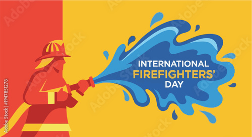 Firefighter in action on International Firefighters Day in bold colorful illustration for emergency services