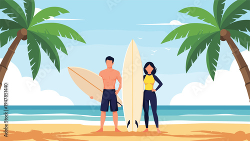 Happy couple in swimwear holding surfboards while standing on tropical beach with palm trees and ocean waves in background.
