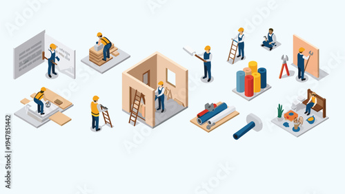 Wide collection of isometric construction icons showing workers building, painting, installing pipes, and performing various renovation tasks.