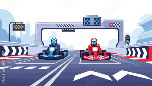 Exciting go-kart race featuring two competitive drivers in blue and red karts speeding towards the finish line on a city track.
