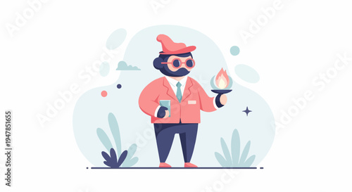 Stylized figure in coral jacket holds aloft a lit torch and a glass