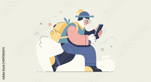 Stylized person with backpack looking at phone, running