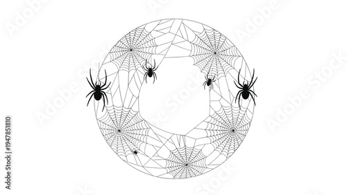Intricate circular frame composed of several spider web patterns and black spiders crawling on a clean white background.