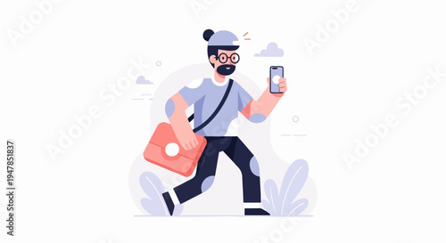 Stylized man walks, holding phone, with satchel, in minimalist outdoor scene