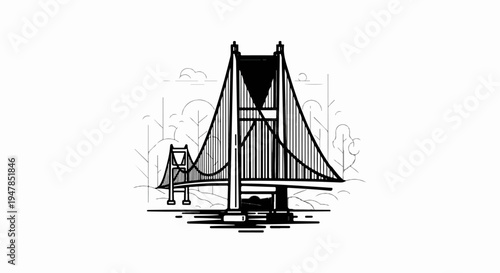 Stylized graphic of a suspension bridge with trees in the background