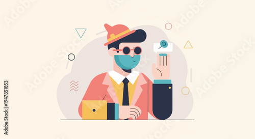 Stylized figure in mask, hat, glasses, and suit holds up hand near search icon