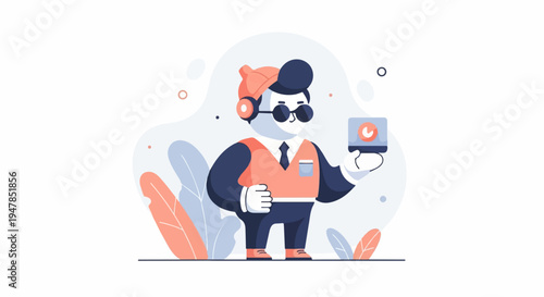 Stylized figure in modern attire holding a digital device, surrounded by abstract flora