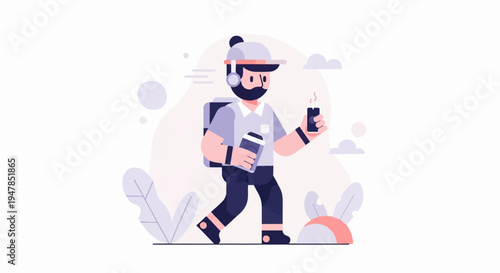Stylized man with backpack, headphones, and coffee walks with phone