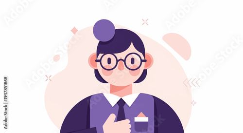 Stylized person in glasses, suit, and tie, with abstract shapes