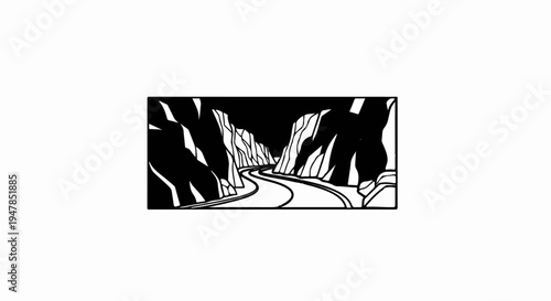 Stylized graphic of a winding road through a rocky canyon