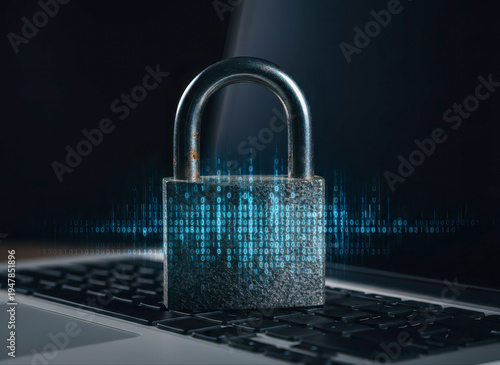 Wallpaper Mural Cyber Security Concept Featuring a Metallic Padlock with Digital Binary Code Overlay Resting on a Laptop Keyboard Torontodigital.ca