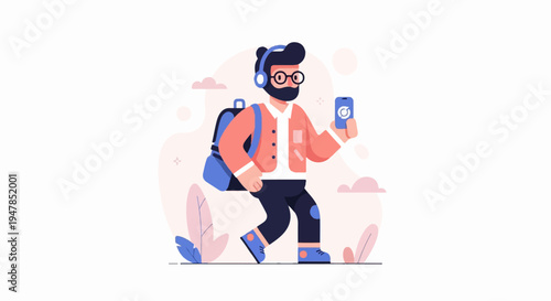 Stylized man with backpack and phone, wearing headphones, walking outdoors