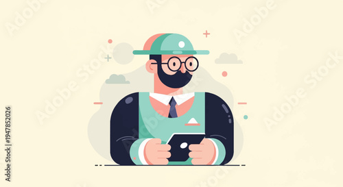 Stylized man with beard, glasses, and hat using a tablet device