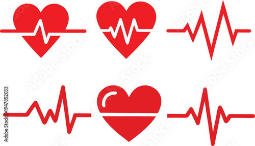 Collection of red heart symbols with cardiogram lines, representing health and heartbeat, on a white background