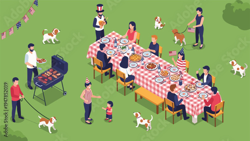 Large family gathering enjoys an outdoor barbecue party and dinner on the lawn with several dogs playing in an isometric view.