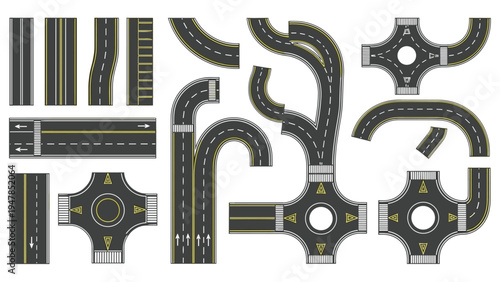 Comprehensive set of various road elements, roundabouts, and intersections for creating a custom city map layout from above.