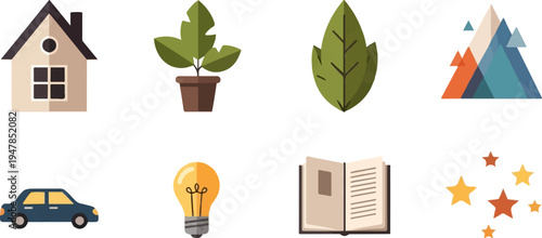 Stylized icons of a house, plant, leaf, mountains, car, light bulb, book, and stars