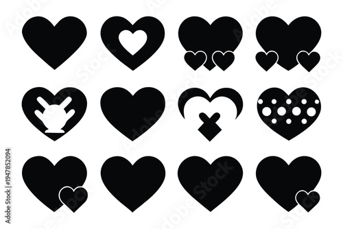 A diverse collection of black heart icons and symbols, perfect for expressing love, romance, and affection in various design projects, ideal for Valentine's Day, wedding, and greeting card templates