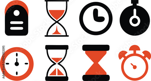Diverse set of time-related graphic icons featuring clocks, hourglasses, stopwatches, and alarm clocks, ideal for various digital and print design applications