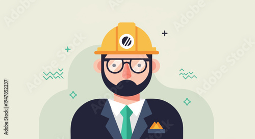 Stylized illustration of a bearded construction engineer with glasses and hard hat