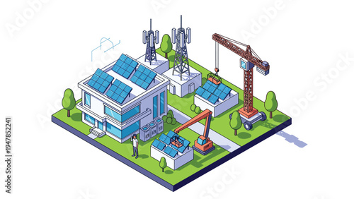 Sustainable modern house under construction features solar panels on the roof and telecommunication towers in an isometric view.