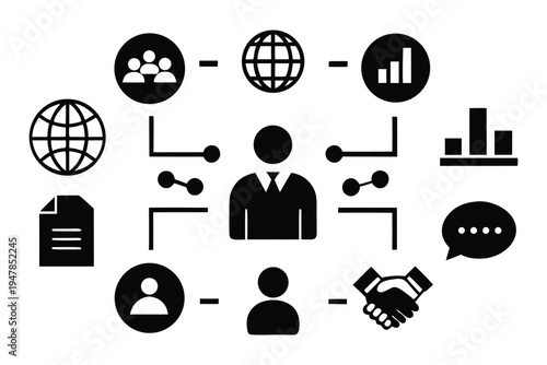 Business network connection and global communication concept illustrated with interconnected icons