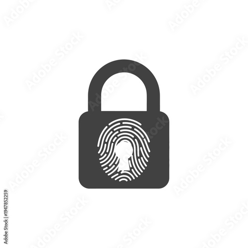 A black padlock with fingerprint on white background.