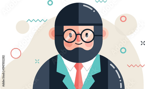 Stylized illustration of a bearded man in a suit with glasses and tie