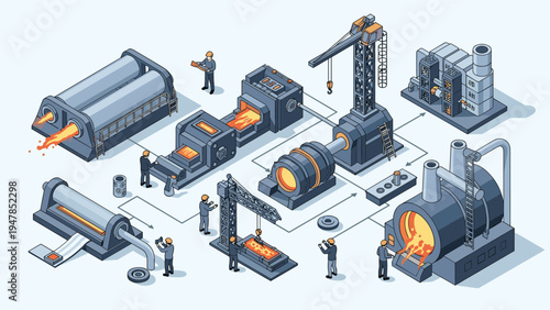 Industrial steel mill or metal factory operation shows workers managing furnaces and processing molten metal in an isometric view.
