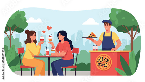 Friends enjoy sweet desserts at an outdoor cafe while a vendor serves a slice of pizza from a street food stall in the park.