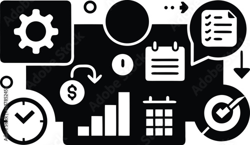 Comprehensive collection of monochrome vector icons symbolizing essential business management, strategic planning, financial analysis, and project optimization processes for professional applications