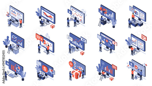 Detailed set of isometric icons shows professionals analyzing complex data charts and business analytics on large computer screens.