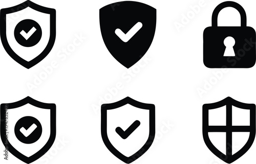 Collection of security and protection icons, including shields and a padlock with a checkmark, representing safety and verification
